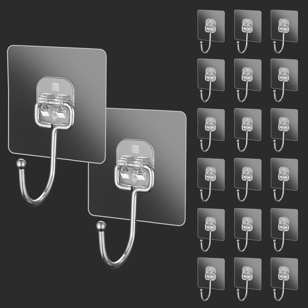 Large Adhesive Hooks 44Ib(Max), 20PCs Heavy Duty Waterproof Transparent Self-Adhesive Waterproof and Anti-Rust Wall Hooks for Keys, Bathrobes and Towels in The Kitchen, Bathroom