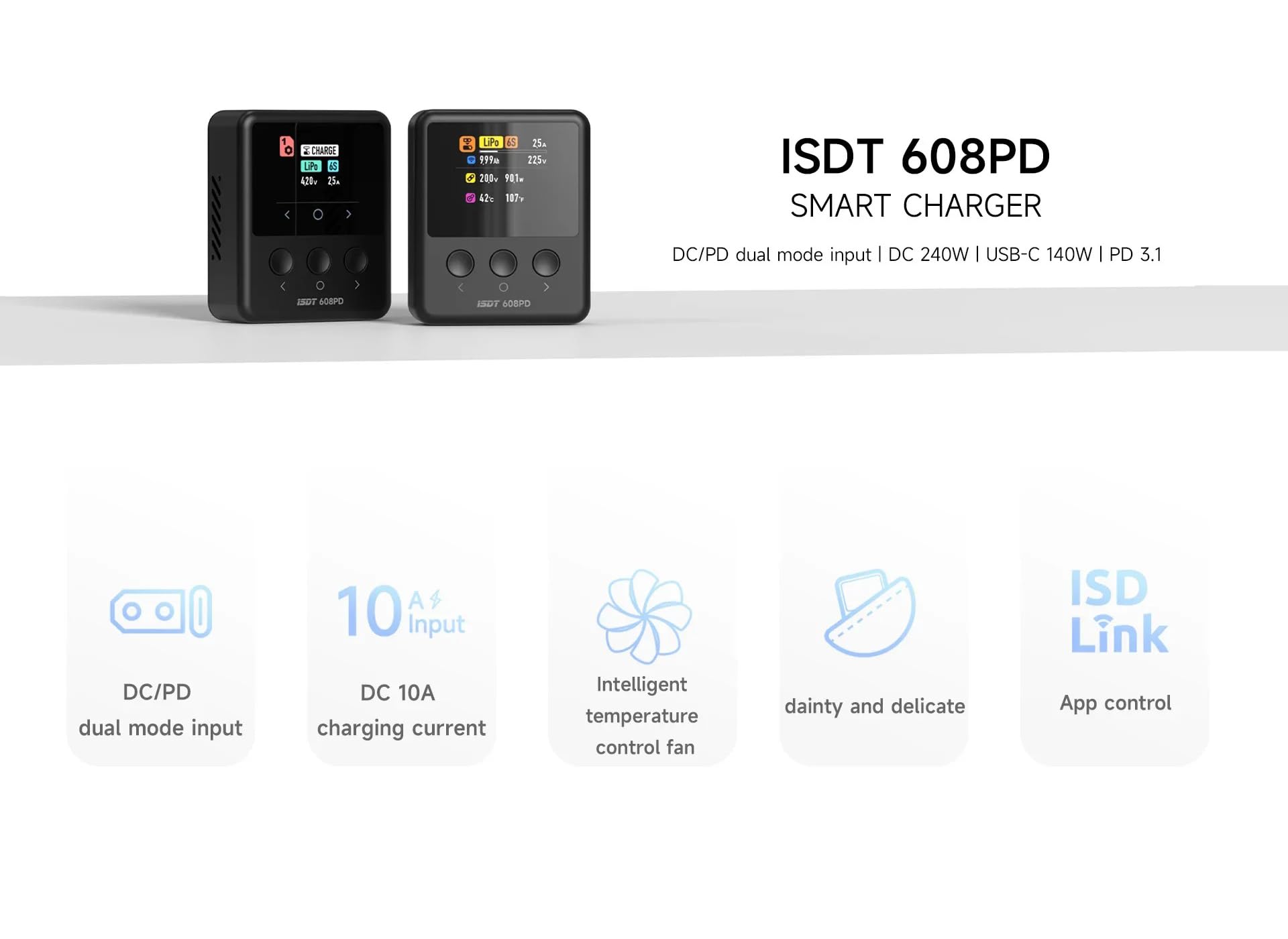 608PD DC 240W 10A 5A USB C PD3.1 Szybka inteligentna ładowarka Lipo LiHV Life NIMH Battery Balance XT60 do ładowarek ISDT RC FPV Racing Drony (608PD)