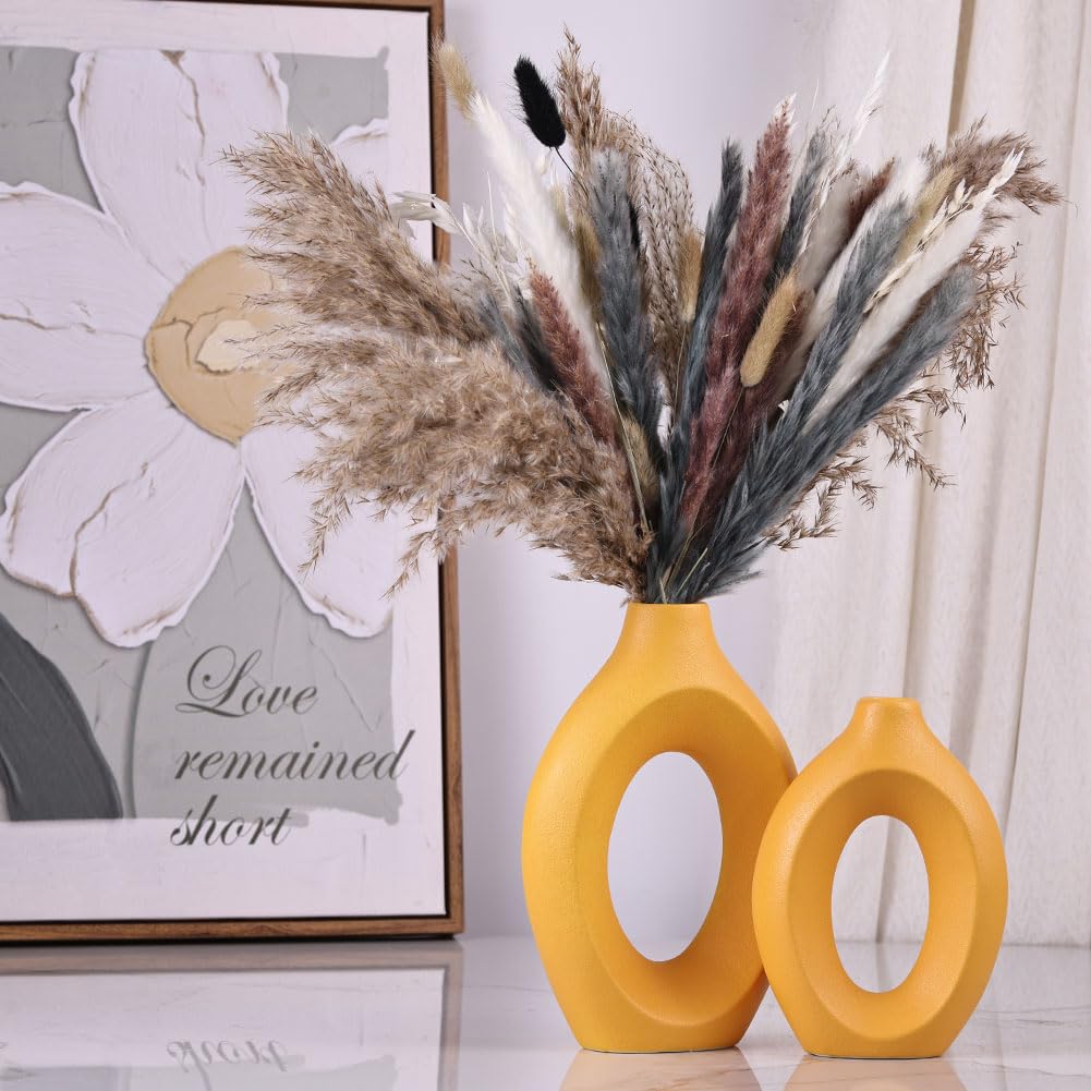 Set di 2 Vasi Gialli, Moderni Vasi in Ceramica Opaca e Cava Gialla, Vaso Decorativo in Stile Boho con Erba Pampa per Soggiorno, Matrimonio, Camera da Letto, Cucina, Tavolo da Pranzo e Ufficio