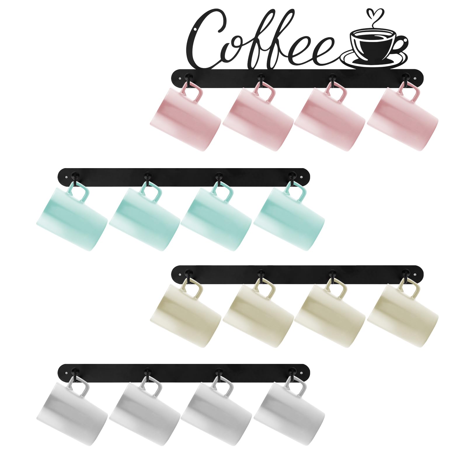 4 unidades de soporte para tazas de café montado en la pared de metal para colgar tazas de café, estante organizador de almacenamiento con 16 ganchos, decoración para cocina, café, bar,