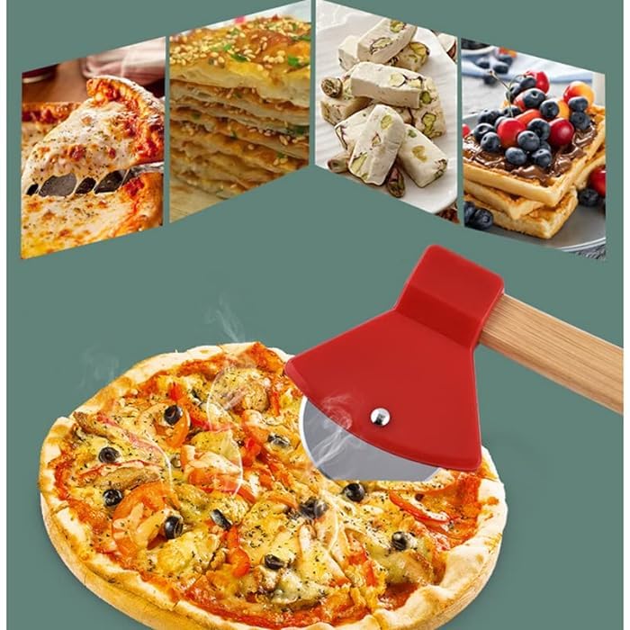 Image of Axe Shaped Pizza Cutter with Sharp Rotating Blade for Pizza, Bread, Cakes (Multi) - RA075-RED