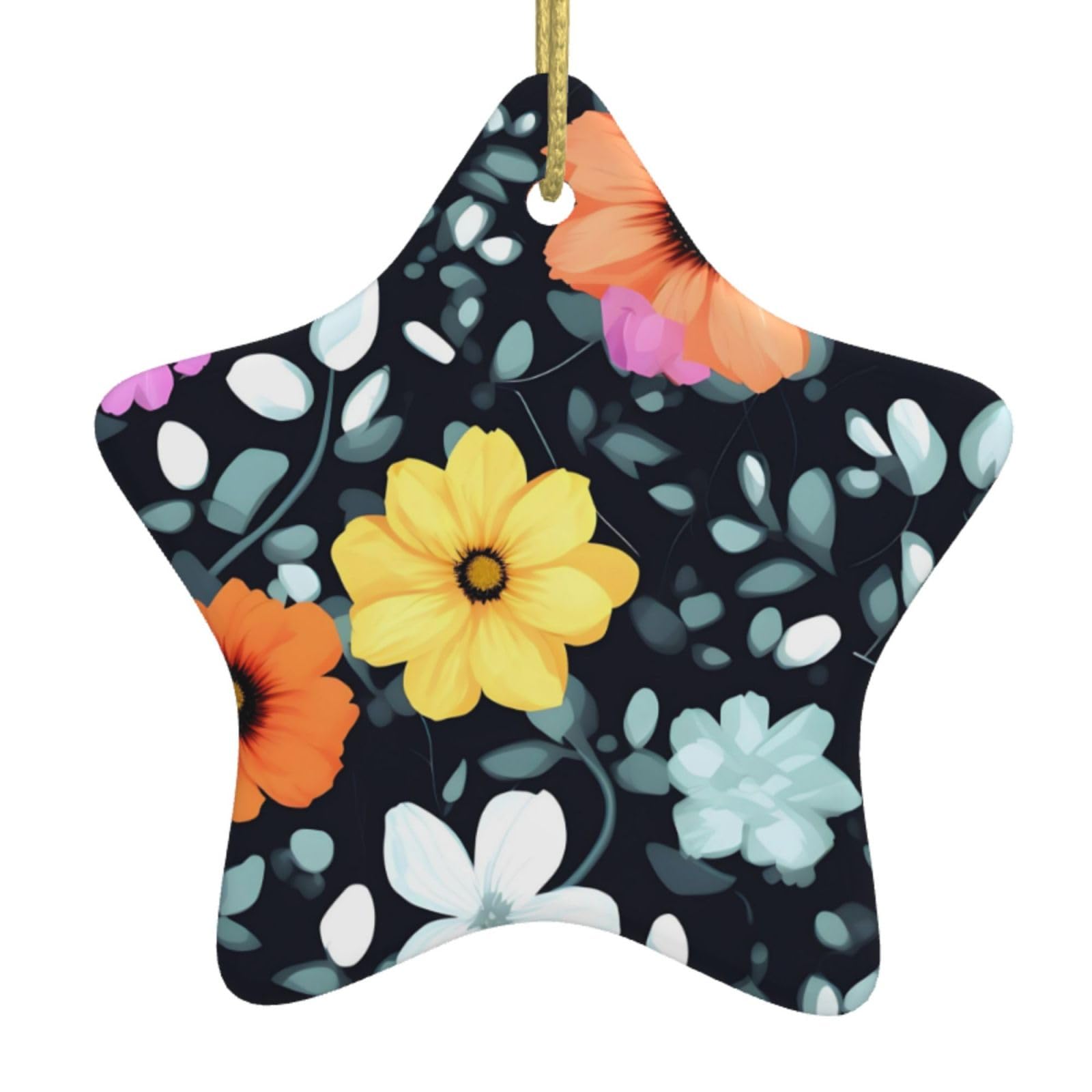 Beautiful Colourful Flowers Christmas Ceramic Star Pendant with Punched Holes and Gold Wire Rope, Christmas Tree Home Decoration