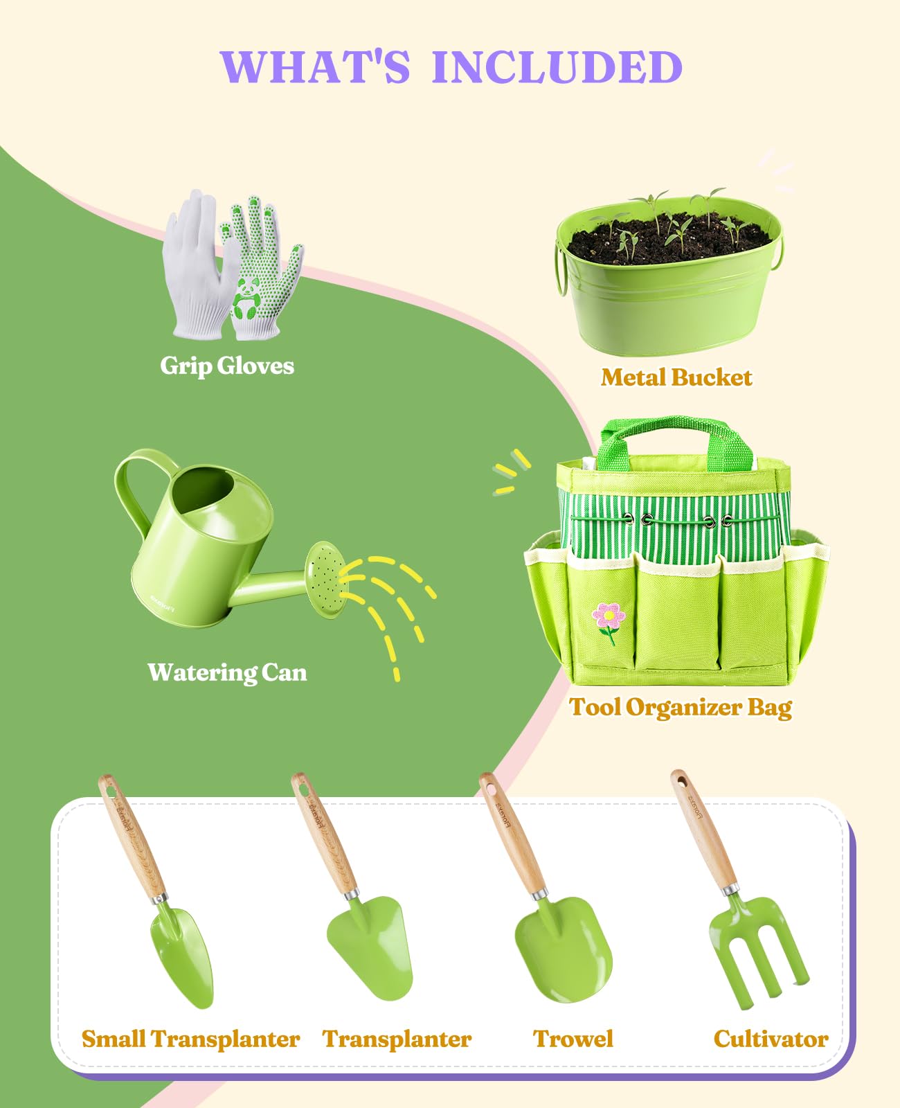 Ultimate Kinder-Gartenset, kindersicheres und Robustes Gartengeräte-Set für Spaß im Freien, Freude und Kreativität von Kindern zu wecken (Grün)