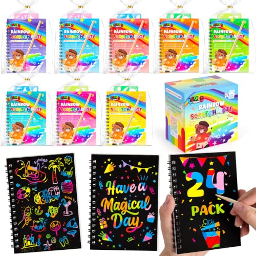 LovesTown 24 Pack Party Favors for Kids, Scratch Rainbow Art Craft Notebook