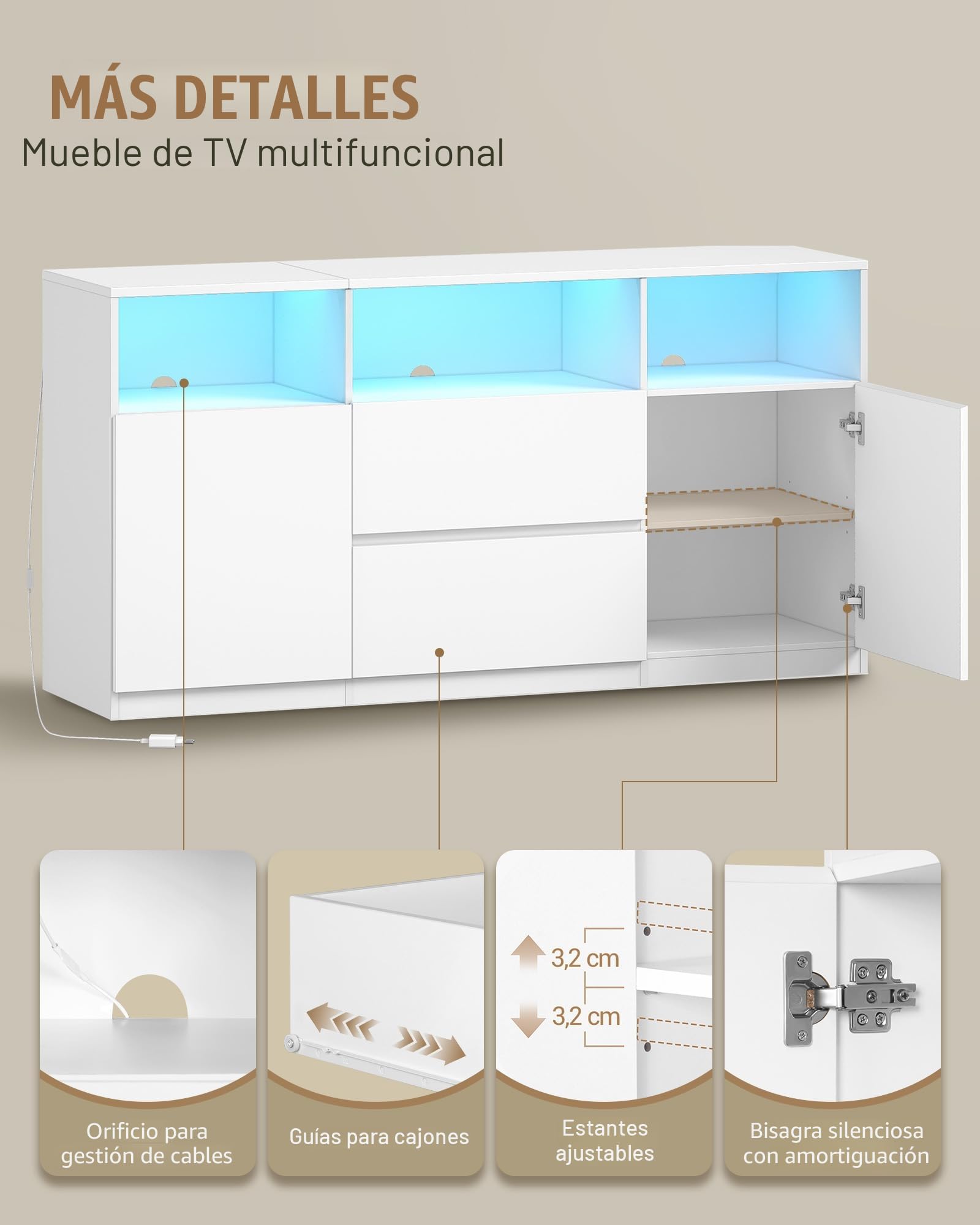 Hzuaneri Mueble de TV, Mesa de TV de hasta 65 Pulgadas, con Luces LED, 2 Cajones, 2 Gabinete y 3 Compartimentos, 147 x 40 x 76 cm, para Salón, Dormitorio, Blanco TV17003XEU