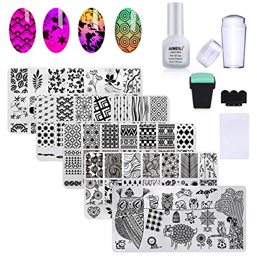 Nagelkunst-Stempelschablonen, Maniküre-Werkzeug-Set, 5 Stück, Nagelstempelplatten, 2 Stempel, 2 Schaber, 1 Latex… – Bild 3