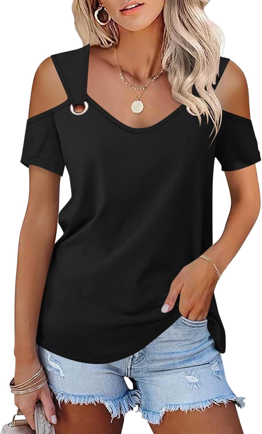 Minetom Womens Cold Shoulder Short Sleeve V Neck Summer Tops