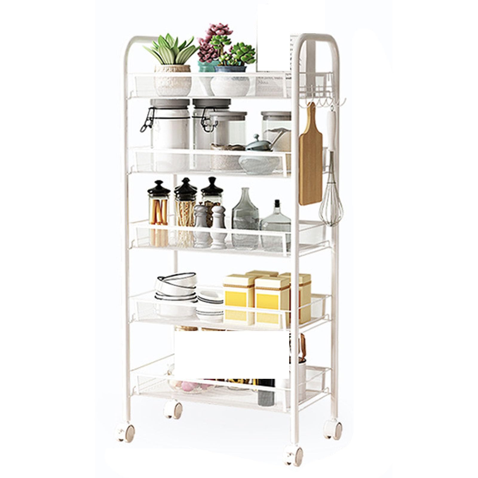 Eiwitany Mobile Racks, Net Baskets, Multi-layer Floor Trolleys Can Store Snacks, Cosmetics, Fruits and Vegetables, Books, Kitchen Utensils, Etc. (white five layers)