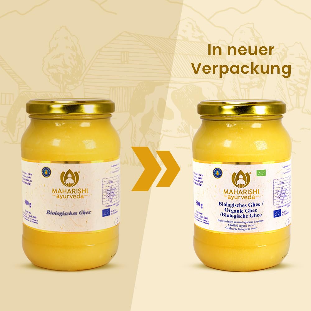 Maharishi Ayurveda Bio Ghee, Gheebutter,Butterfett | Laktose-, zucker und glutenfrei zum Kochen, Braten und Backen | 500 g | 1er Pack