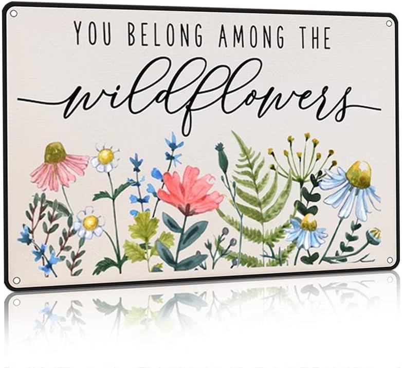 Letrero de metal retro con texto en inglés You Belong Among The Wildflowers bohemio con diseño de bruja, letrero de aluminio vintage, hippie,