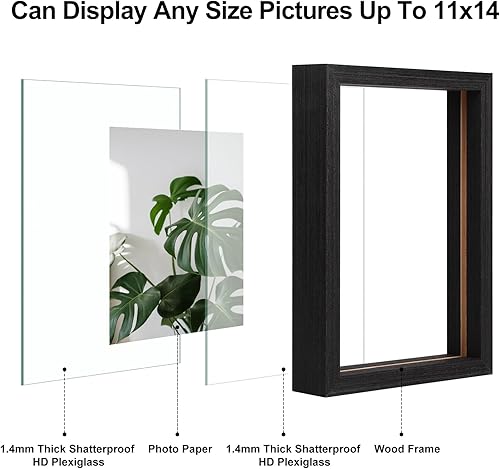 Miniatura 3 de Egofine Juego de 2 marcos flotantes de 11 x 14 pulgadas, marco de fotos de doble cristal, hecho de madera maciza, fotos de cualquier tamaño de hasta
