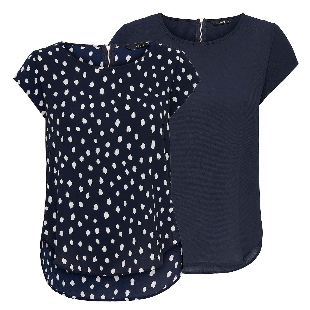 Only ONLVIC Top de mujer Pack de 2 camisetas básicas cuello redondo corte regular blusa manga corta parte superior cremallera patrón verano negro verde rosa azul, Cielo nocturno (15284243), 40
