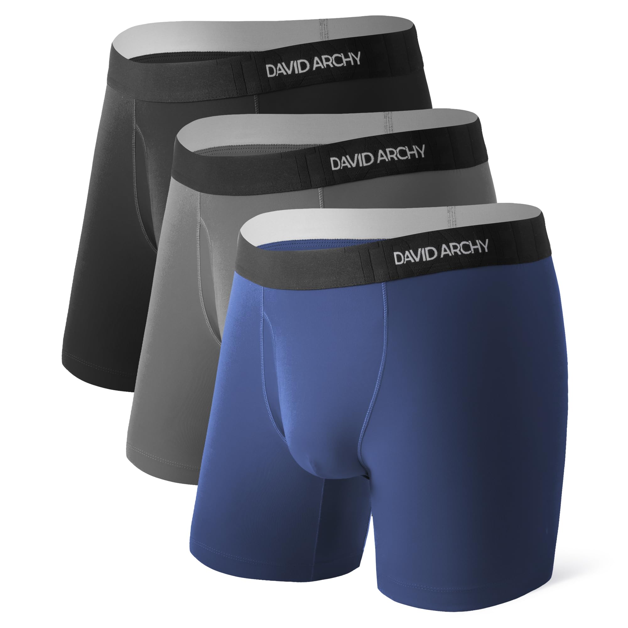 DAVID ARCHY Mens Performance Boxer Briefs 3 Pack, 3D Support Pouch & No Ride-Up Design Moisture-Wicking Sport Underwear