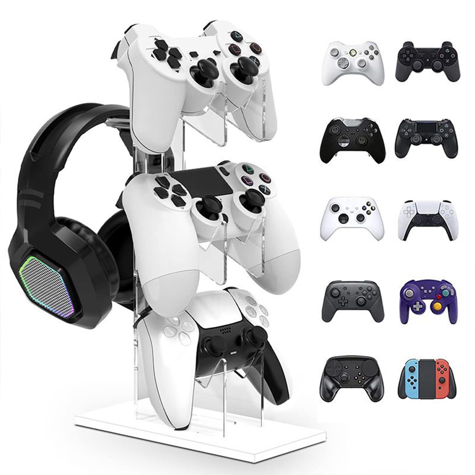 Supporto per controller di gioco, supporto trasparente per cuffie, rack di supporto a tre livelli, design stabile antiscivolo, soluzione efficiente per la gestione dei cavi, da gioco premium