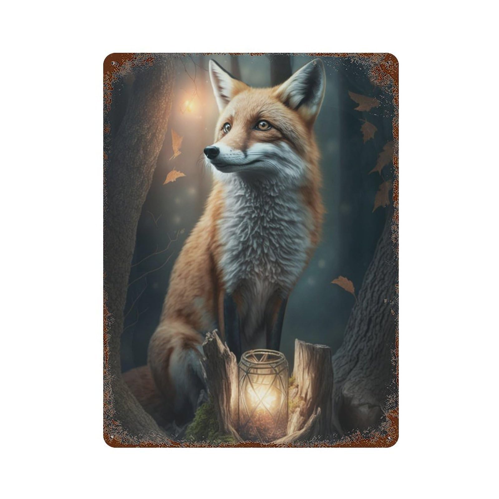 Rust Effect Enchanted Forest Fox Lantern Retro Metal Sign 15.7"x11.8", Novelty Wall Decor for Bistro, Counter And Cafe Decor