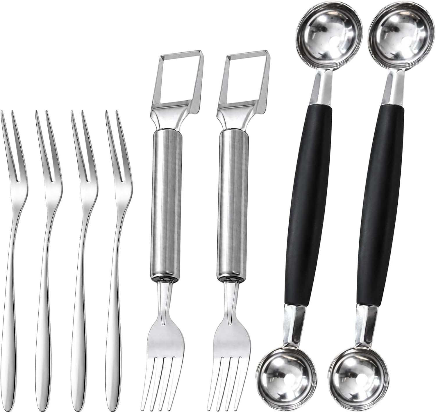 8PCS Melon Baller Scoop Set, Watermelon Slicer Cutter Tool with Fruit Fork, Stainless Steel Kitchen Utensil Set for Fruit Preparation, Includes 4 Fruit Forks and 4 Watermelon Slicers