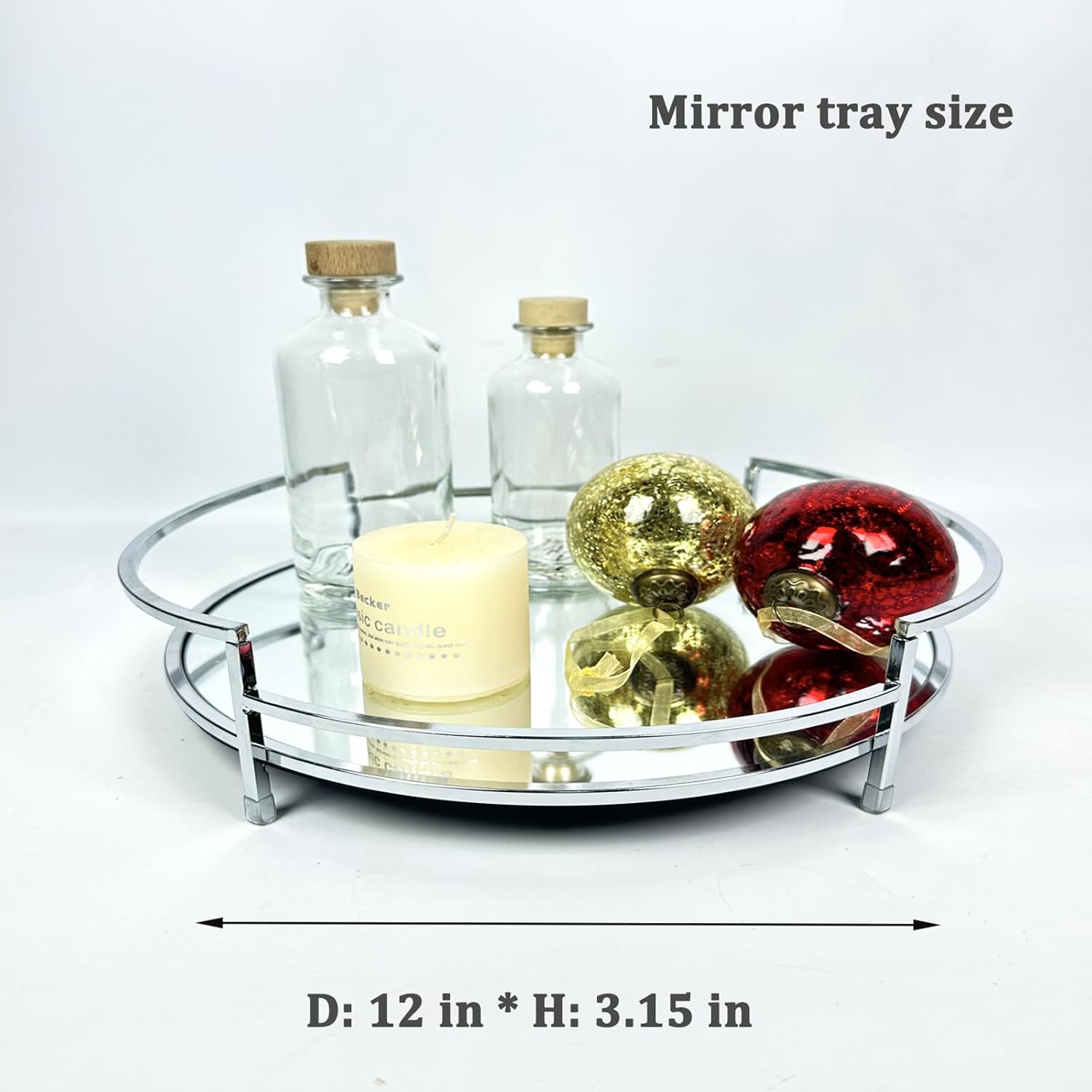 Round 12" Silver Mirror Decor Tray, Plateau,bandeja, Metal Mirror Serving & Glass Vanity & Decorative & Bathroom Counter & Perfume & Jewelry Tray, for Dresser Decor Home Decorative (Sliver)