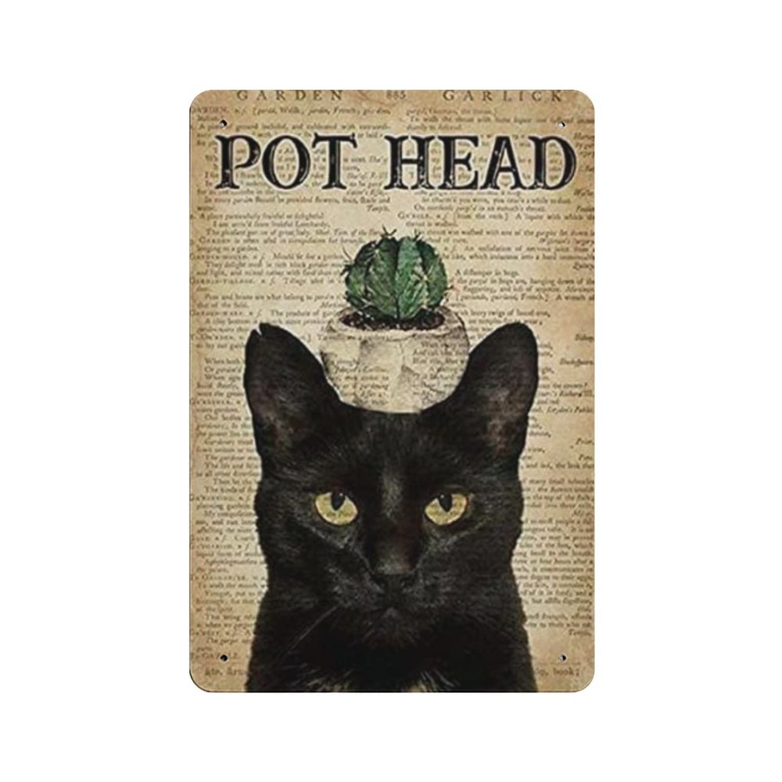 AOOEDM Cat Cactus Pot Head Vintage Metal Tin Sign for Home Coffee Shop Office Wall Art Metal Poster Garage Decor Man Cave Sign Inspirational Quote Wall Decor