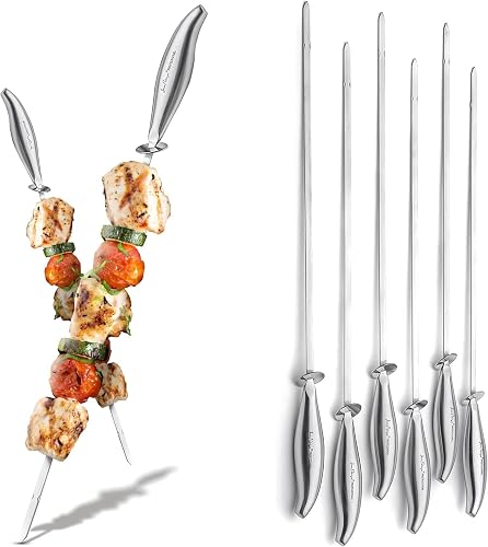 Stainless Steel BBQ Skewers for Grilling, Set of 6 (16.5 inch) - Metal Kebab Skewers with Easy-Slide Disc - Reusable Shish Kabob Skewers and Fruit Skewers by Jean Patrique