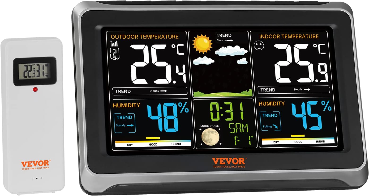 7 in 1 Wireless Indoor Outdoor Weather Station 7.5" Large Color Screen Digital Weather Station with Sensor Atomic Clock Adjustable Backlight Calendar Weather Forecast Temperature