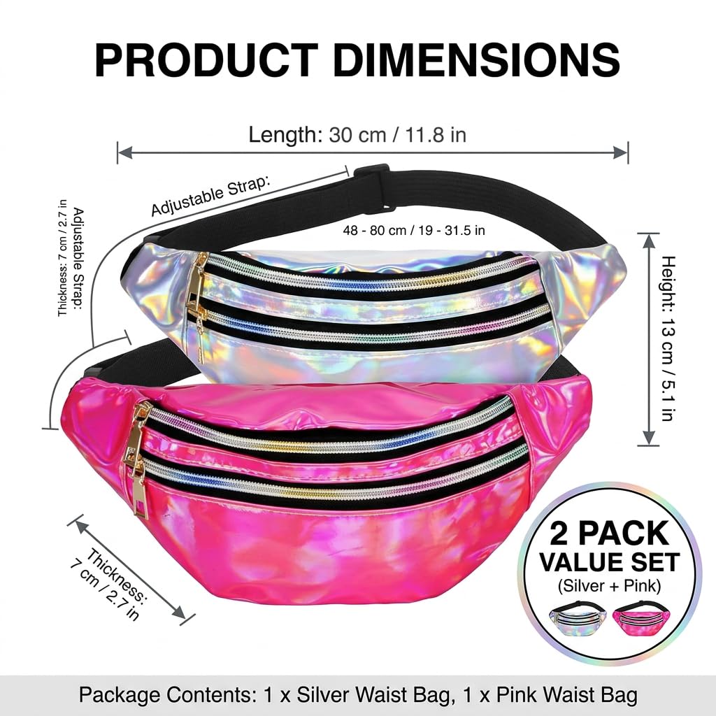 Juego de 2 riñoneras para mujer con purpurina (rosa + plata), riñonera impermeable para festival rave y atuendo de los años 80, riñonera ajustable para fiestas, viajes, deportes y carnaval