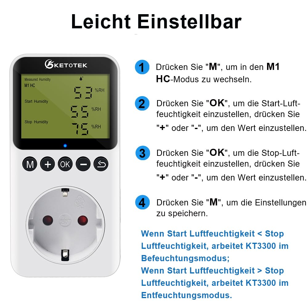 KETOTEK Hygrostat Steckdose Feuchteregler mit Fühler 230V, Digitaler Feuchtigkeitregler Steckdose Schalter für Gewächshaus Terrarium Luftentfeuchter Luftbefeuchter