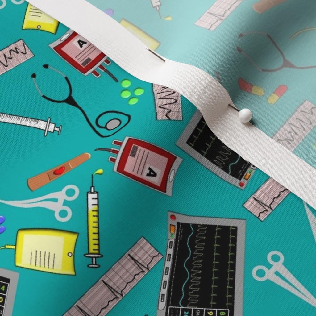 Spoonflower Fabric - Nurse Theme Cardiac Registered Tools Hospital Teal Aqua Medical Doctor Printed on Cotton Poplin Fabric by The Yard - Sewing Shirting Quilting Dresses Apparel Crafts