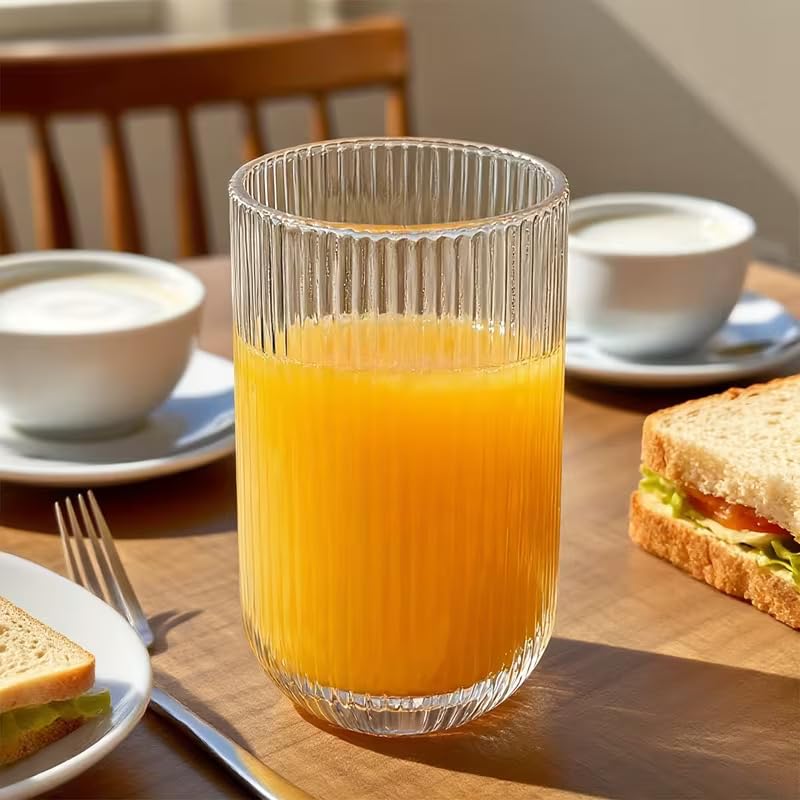 Image of criterion Ribbed Glass Cups Set of 4 - Clear Fluted Drinking Glasses for Iced Coffee, Boba Tea, Cocktails & Cold Drinks | Vintage Aesthetic Glassware for Home & Kitchen | 390ml