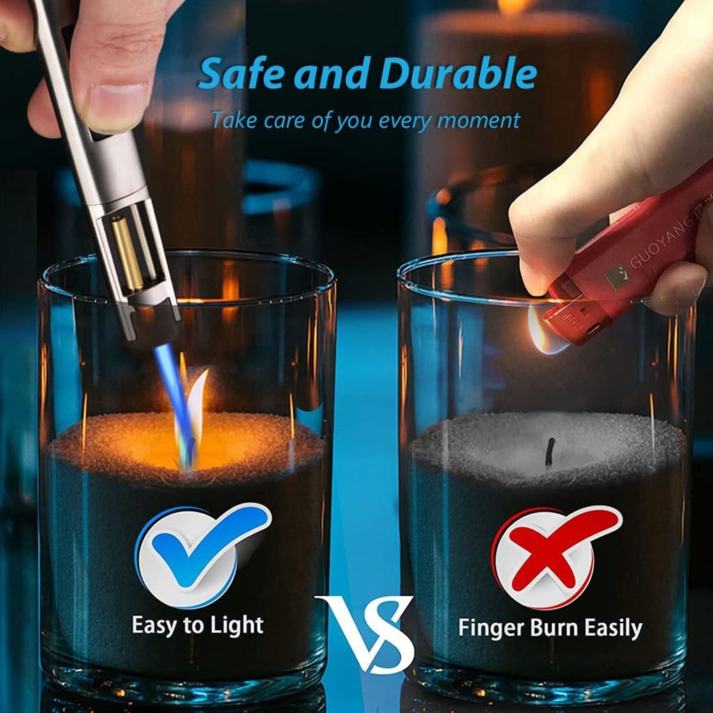 Comparison image showing a long torch lighter easily lighting a candle versus a short lighter where fingers are close to the flame.