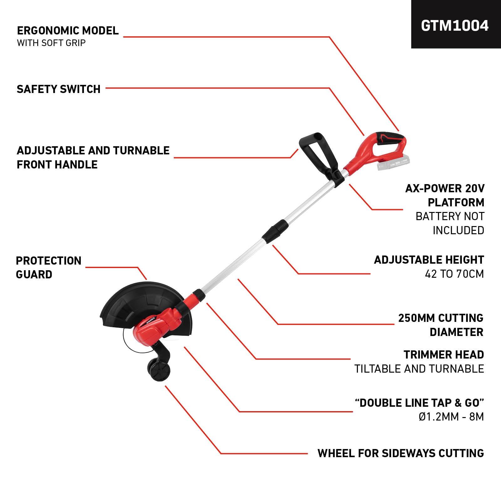 FERM Desbrozadora AX-Power 20 V – Mango telescópico – Rueda guía – Cabezal giratorio – Sin batería ni cargador – Diseño ergonómico – Sistema Tap & Go