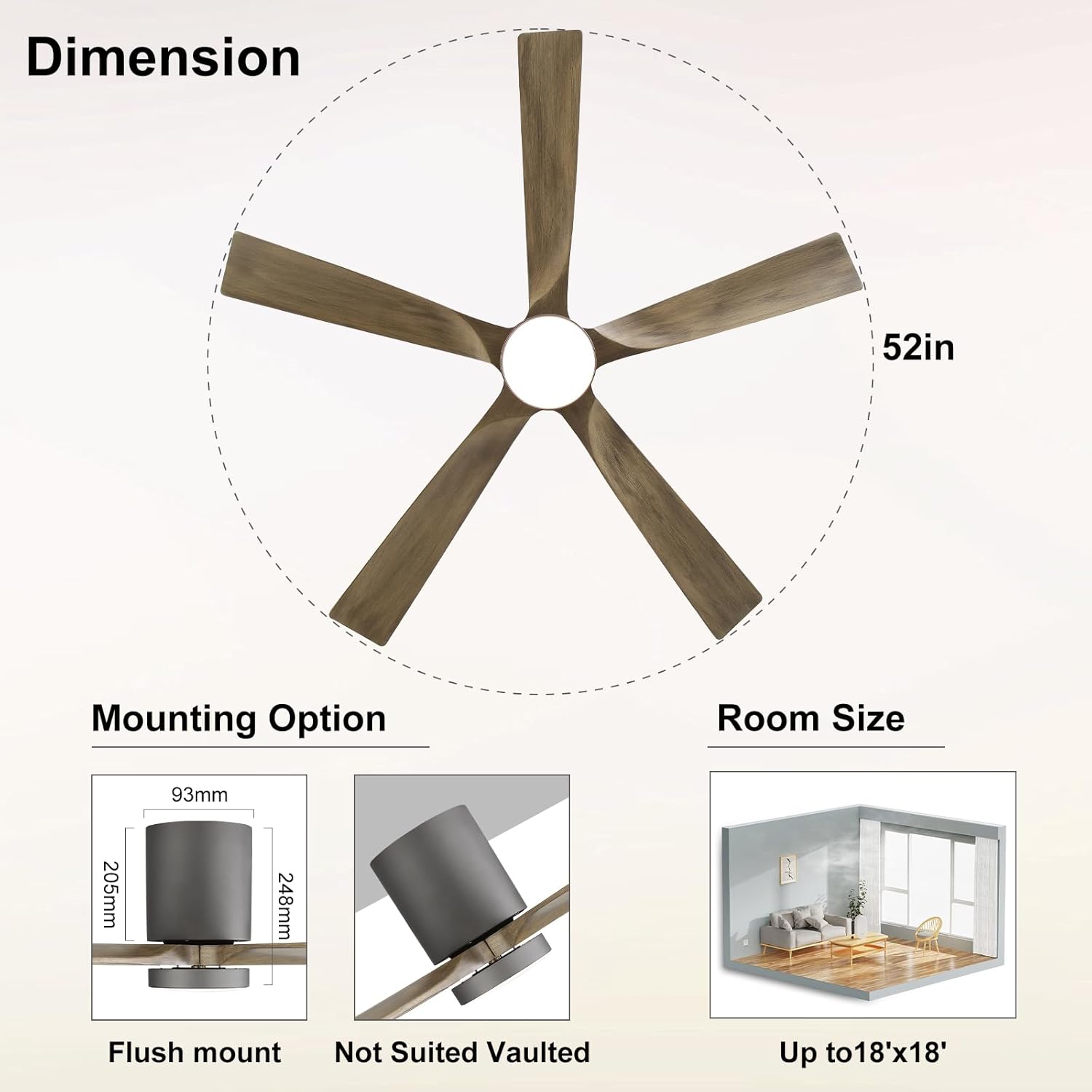 ELEHINSER 52 Inch Flush Mount Ceiling Fan with Lights, Low Profile Modern Ceiling Fan with Remote, Quiet DC Motor, 6-Speed, 3CCT,Timer, 5 Solid Wood Blades, Charcoal Grey - Image 9