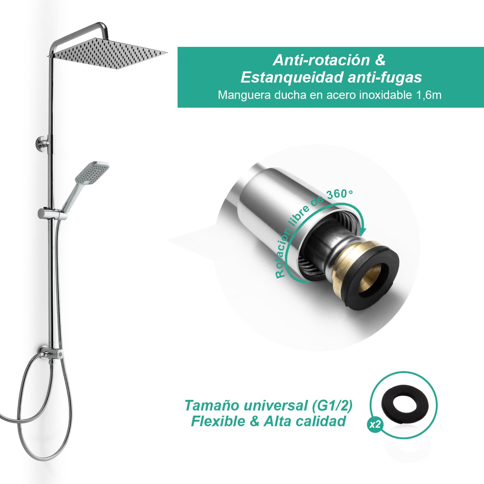 OFFO Conjunto de Ducha, Columna Ducha sin Grifo, 20x20cm Ducha de Lluvia de Acero Inoxidable, Con Manguera Ducha 1,6m y Barra de Ducha de Altura Ajustable, Cromo