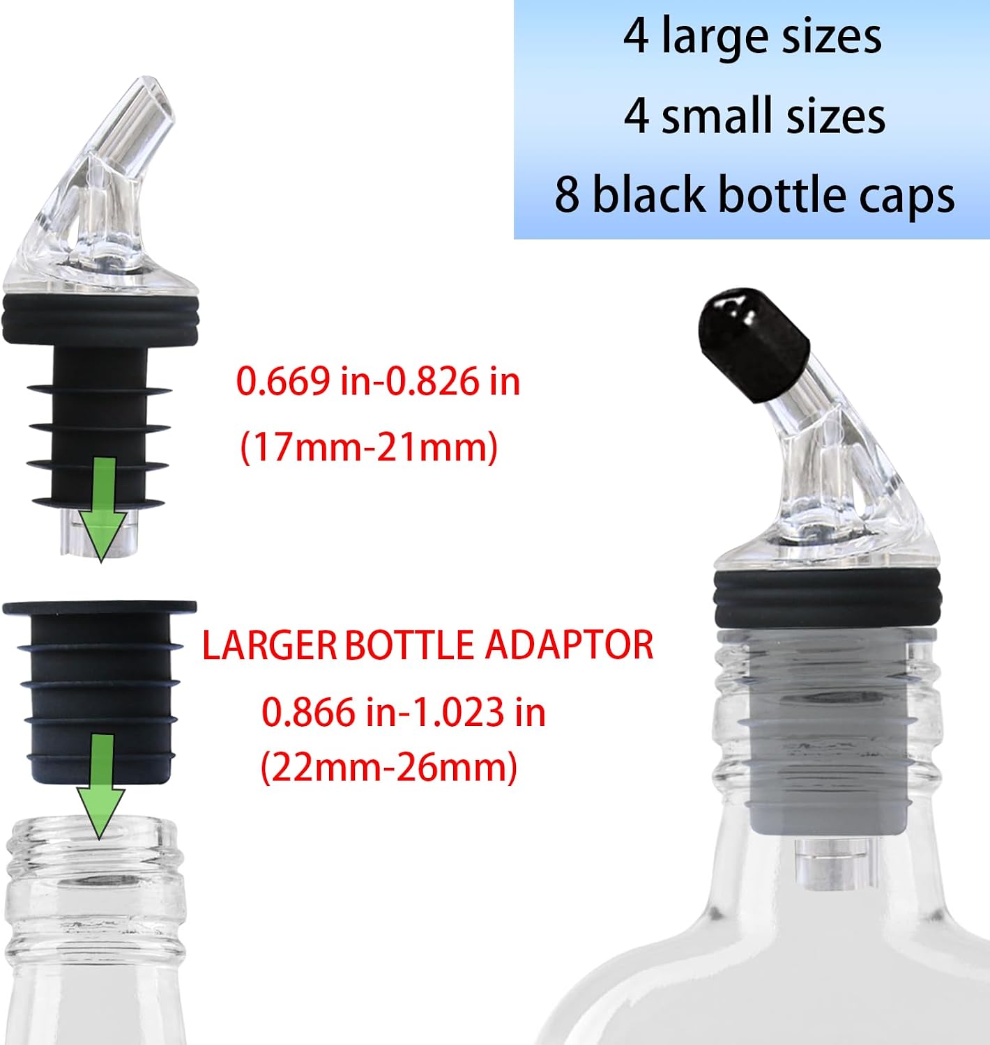 Olive Oil Pour Spout for Olive Oil Dispenser，for big-small bottle olive oil dispenser spout。Leak-Proof,4-piece Large small + 8 Black Lid Caps