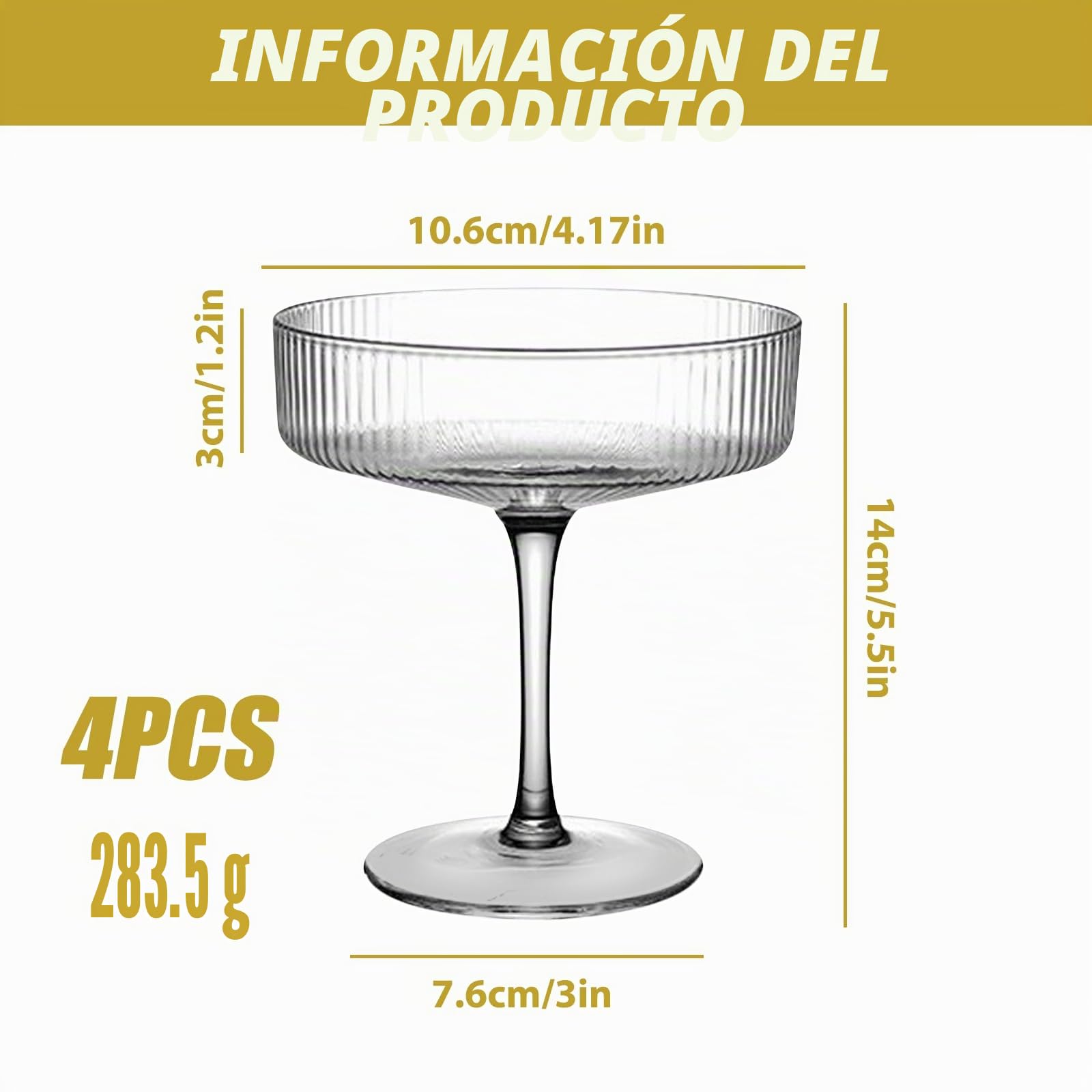 Juego de 4 copas de cóctel de martini, vintage, juego de copas de vino de mango largo, para espresso, martini, champán, cócteles, 300 ml