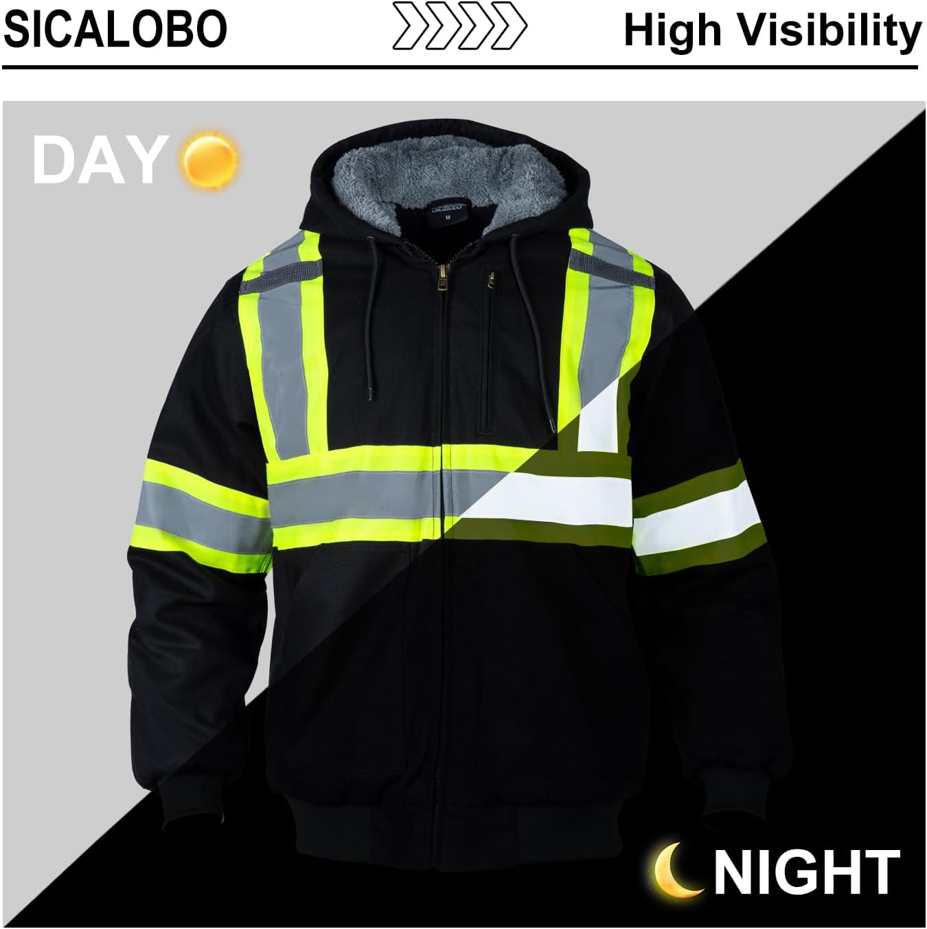 Men's High Visibility Fleece Lined Safety Sweatshirt,High Vis Reflective Water Resistant Thermal Canvas Work Jacket - Image 3