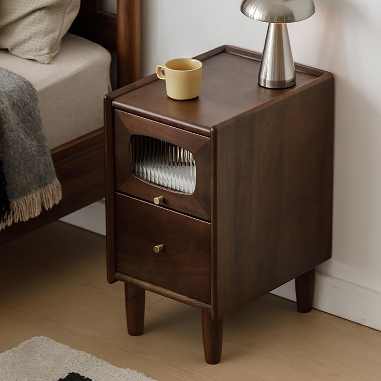 SXZenSpace Walnut Nightstand Solid Wood Night Stand with 2 Drawers Narrow Bedside Table for Bedroom Dorm and Small Spaces(30x40x55cm)