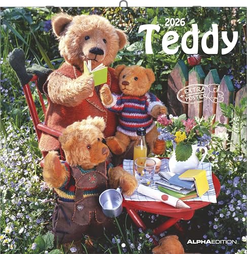 Alpha Edition - Teddy Kalender 2026 – Bildkalender & Wandkalender im Broschürenformat 30×30 cm, aufgeklappt 30×60 cm mit 12 liebevollen Teddy-Motiven & Poster, FSC-zertifiziert