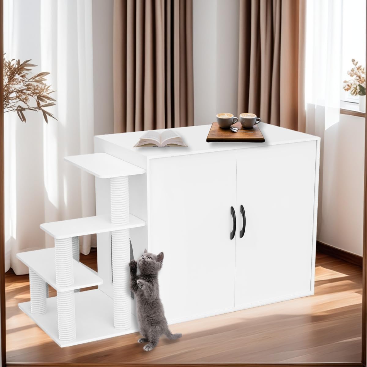 LuckyEnergy New Upgraded 2-in-1 Cat Litter Box Furniture with Cat Tree – Hidden Odor Control Enclosure for 2 Cats, Dual Entry, Ventilation, Modern TV Stand Style - image 2