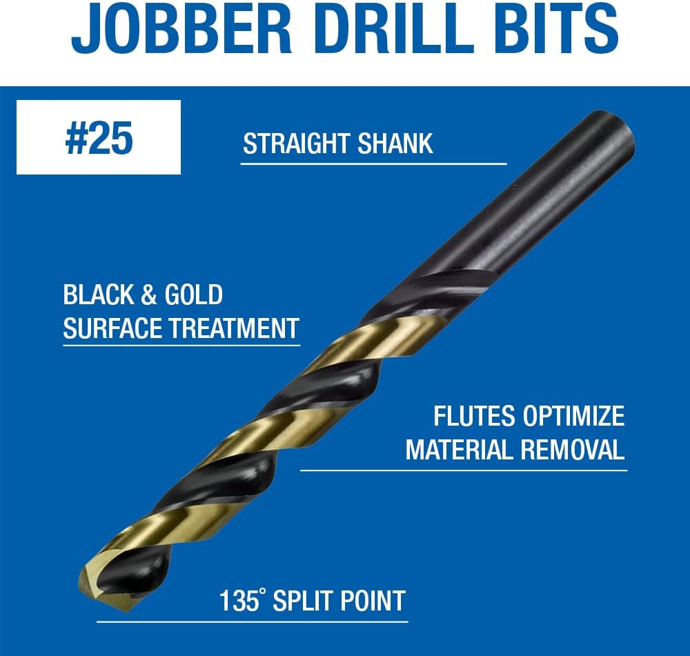 Champion Cutting Tool Heavy Duty Drill Bit Set with Black and Gold Surface Treatment (#25) - 12 PCS - 135 Degree Split Point, Drill bits For Metal, Stainless Steel, High Tensile Alloy Steels