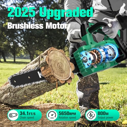 Image of KIMO Brushless Electric Chainsaw Cordless, 4.0Ah Battery & Fast Charger, Handheld Chain Saw with Auto Oiler, Battery Powered Chainsaw Electric for Tree Trimming, 54.5 FT /S Cutting Speed, 12 INCH