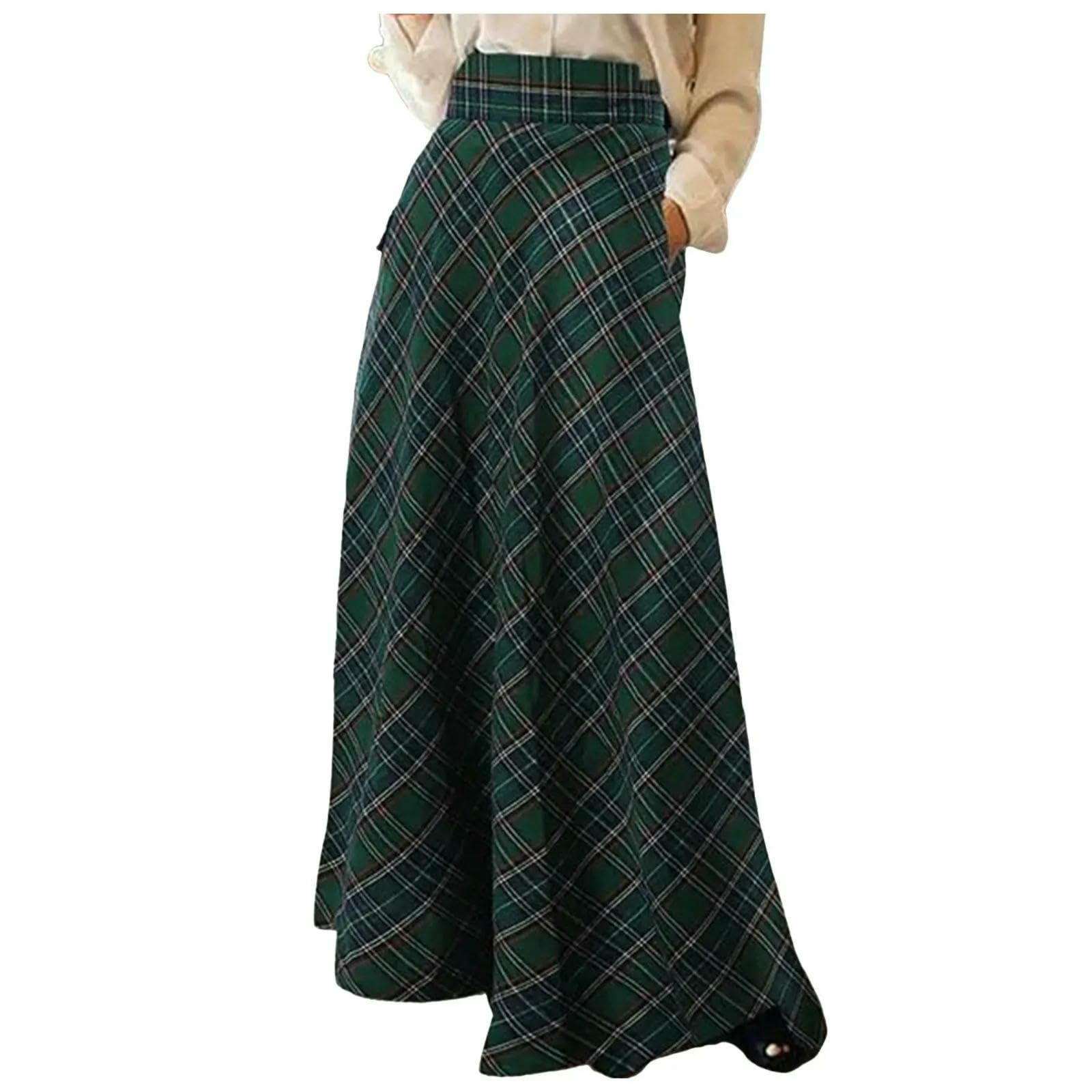 Langer Rock Damen Plus Size Vintage Plaid-röcke, Dick, Warm, Elegant, A-Linie, Rock, Lässig, Karierte Röcke-rot-XXL