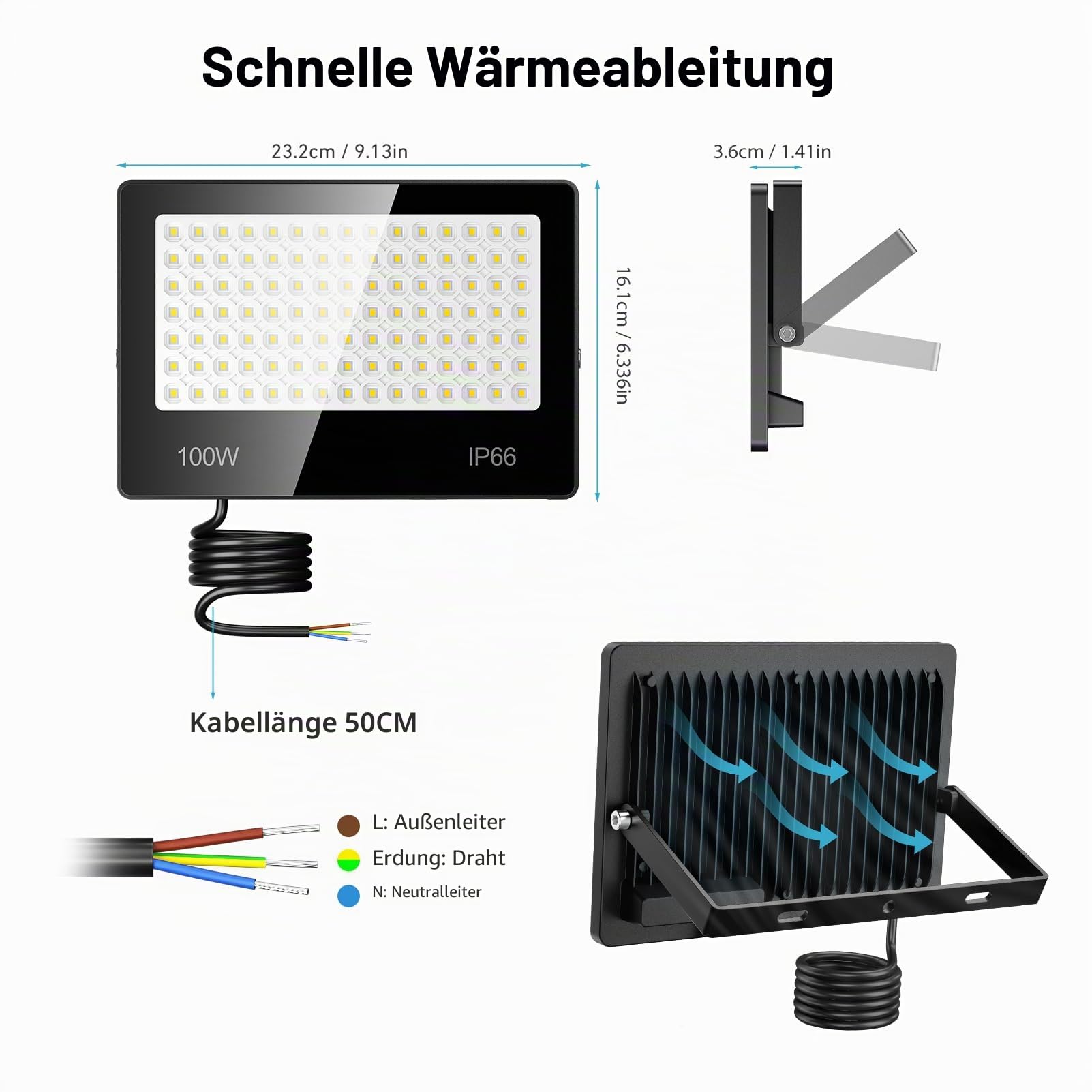 LED Strahler Außen 100W 2 Stück - 10000LM 6500K Kaltweiß Superhell LED Fluter Außen, IP66 Wasserdicht außenstrahler Scheinwerfer für Stadion, Terrasse, Straße, Garage