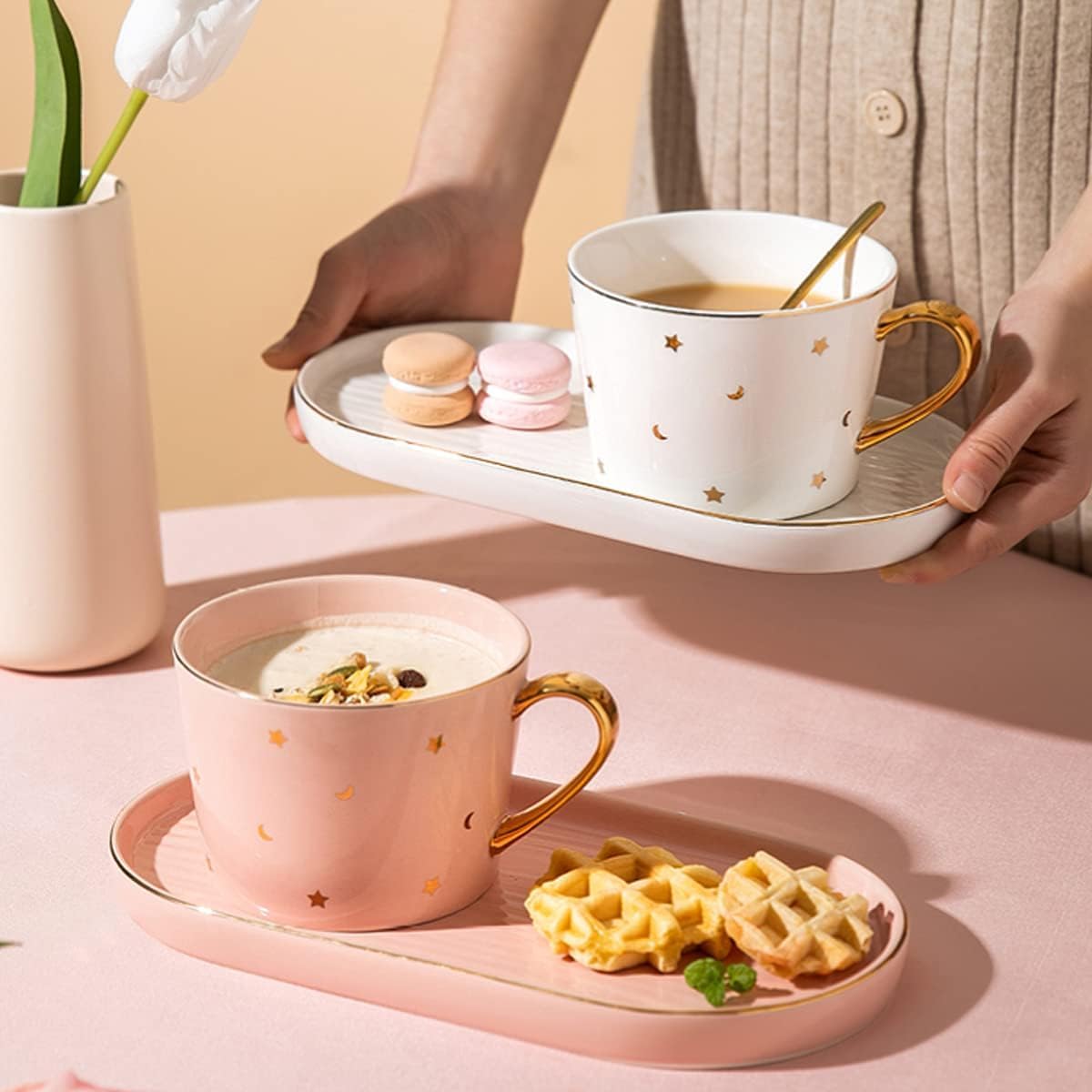 Ceramiczne kubki do kawy Kubek kempingowy dekoracyjny kubek emaliowany idealny do herbaty, płatków zbożowych, gorącej czekolady, mleka, 17,6 uncji, 1 sztuka(Gris)