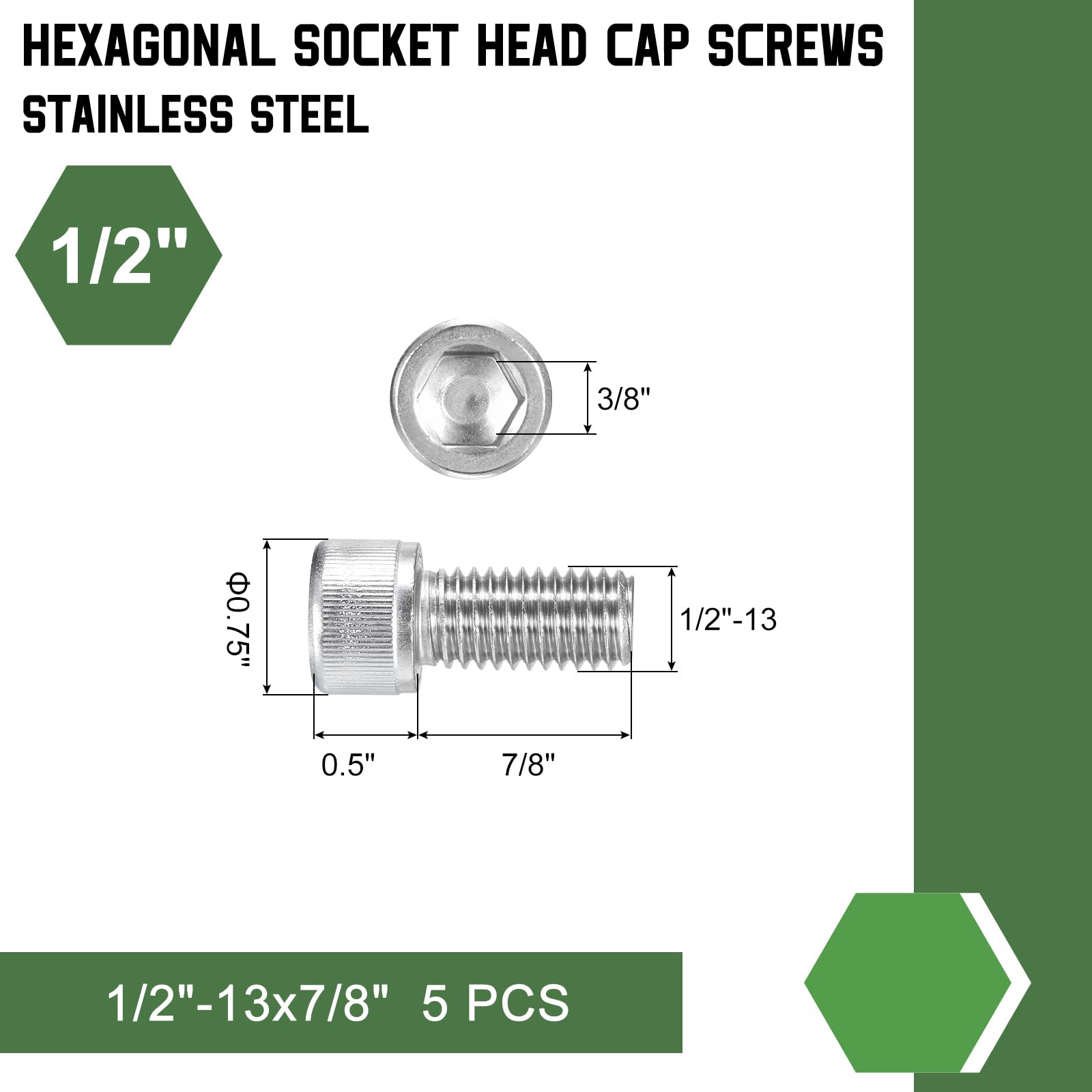 uxcell Hex Socket Bolts (1/2"-13x7/8"), 304 Stainless Steel Hex Socket Drive Screws, Silver Tone, 5 Pcs - Image 2