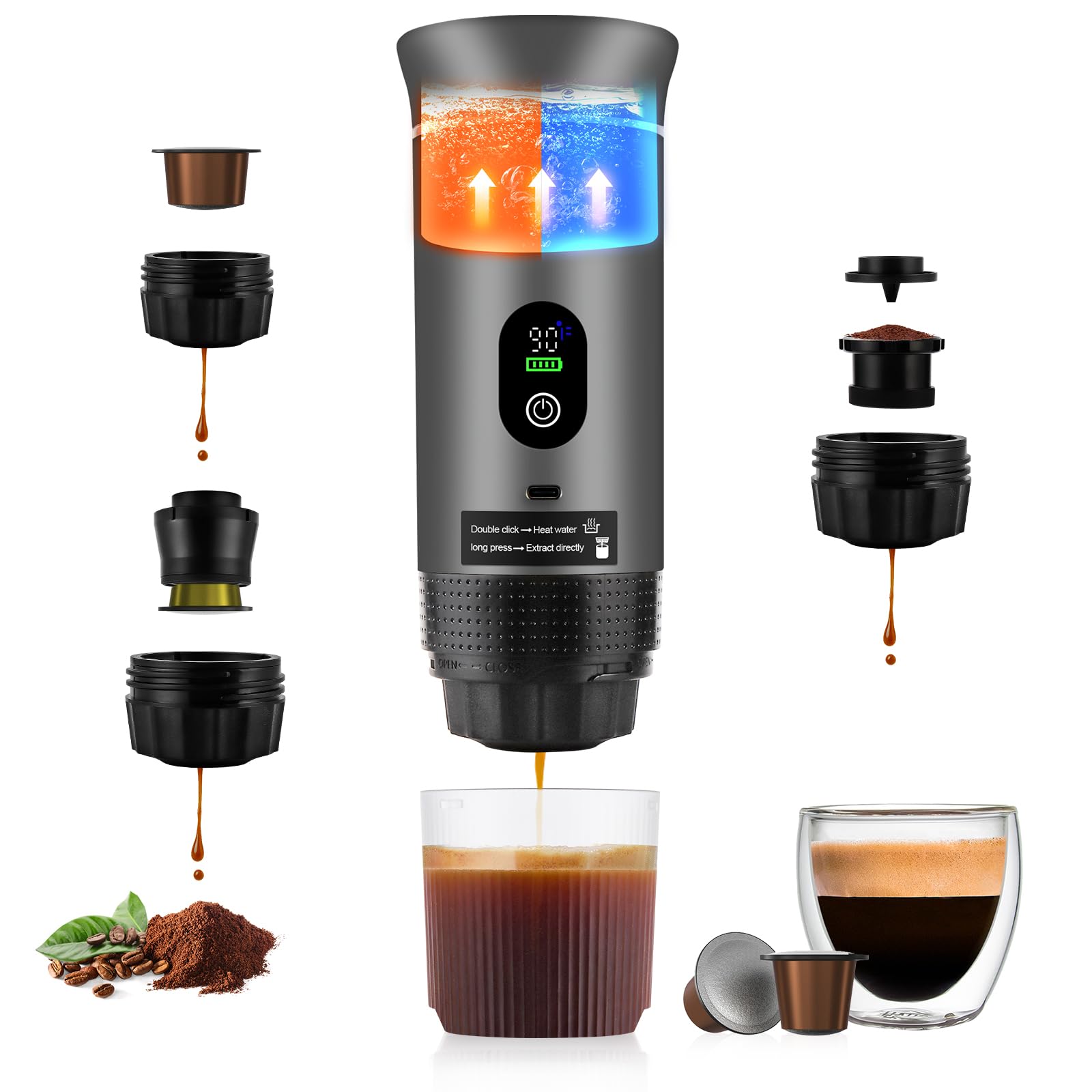 obecilc Portable Coffee Maker 3 In 1 Travel Espresso Machine Compatible with Small/Large Capsules Coffee Electric Rechargeable Portable Espresso Maker for Travel Camping Hiking(Silver)