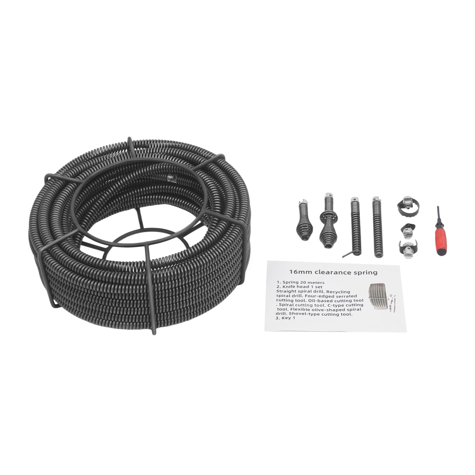 Espiral de limpieza de tuberías de 20 m, espiral flexible, con estante de almacenamiento para cocina, baño, contra obstrucciones en tuberías de desagüe