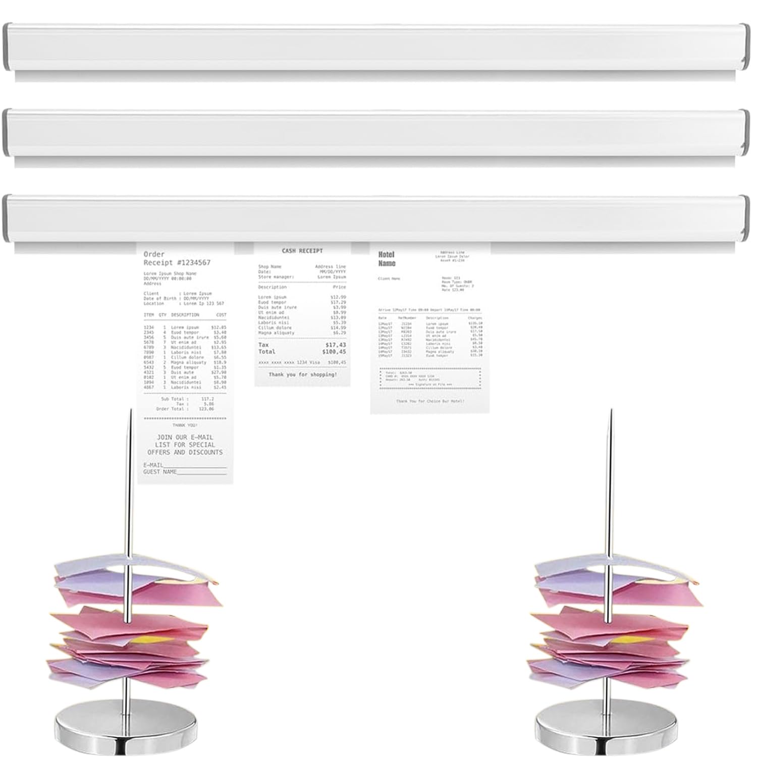 3 supporti per bonus da 40 cm, autoadesivi, per gastronomia, 2 pezzi, con punte e base in metallo, per cucina, hotel, bar, ufficio, biglietti