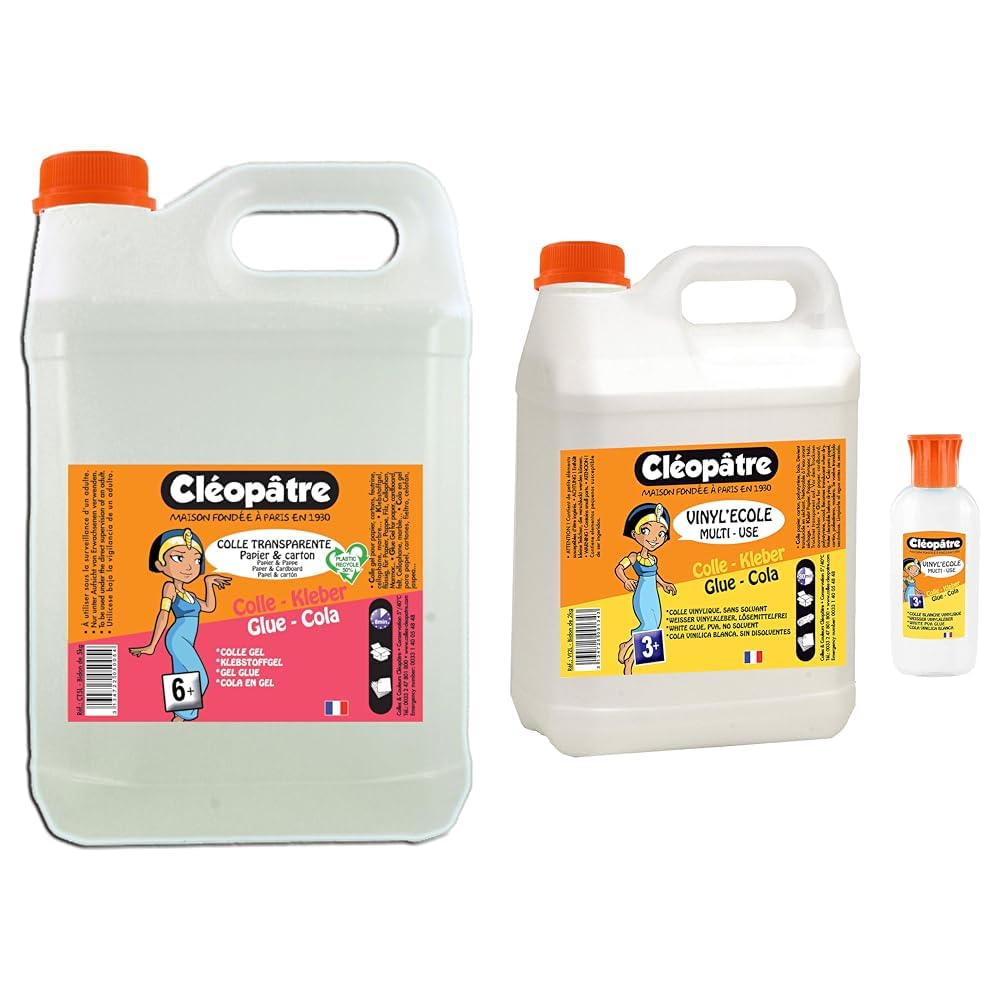 Cléopâtre - CT5L - Colle transparente - Bidon de 5 kg & Colle blanche vinylique au format de 2 kg + 1 flacon de 100gr rechargeable