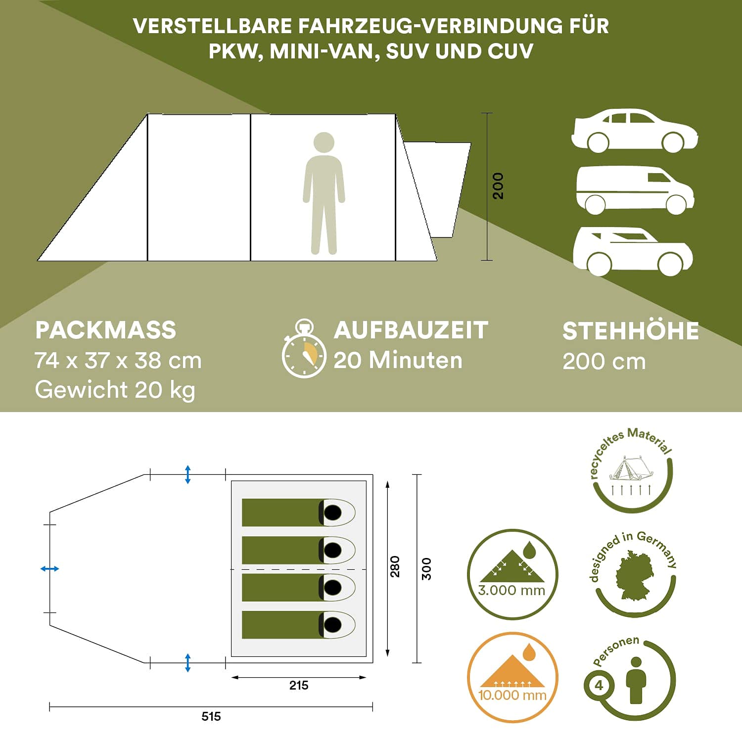 Skandika Heckzelt Pitea XL Up für 4 Personen | Freistehendes Autozelt mit Schlafkabine, 2 m Stehhöhe, wasserdicht, 3000 mm Wassersäule | Camping Vorzelt für SUV, Caddy, Auto