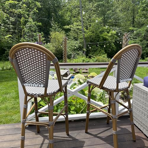 Image of PURPLE LEAF French Counter Height Bar Stool Set of 2 25 inch Bamboo Print Finish Patio Bar Chairs with Back Rattan Bar Chairs French Bistro Set for Kitchen Outdoor Counter Stool Grey